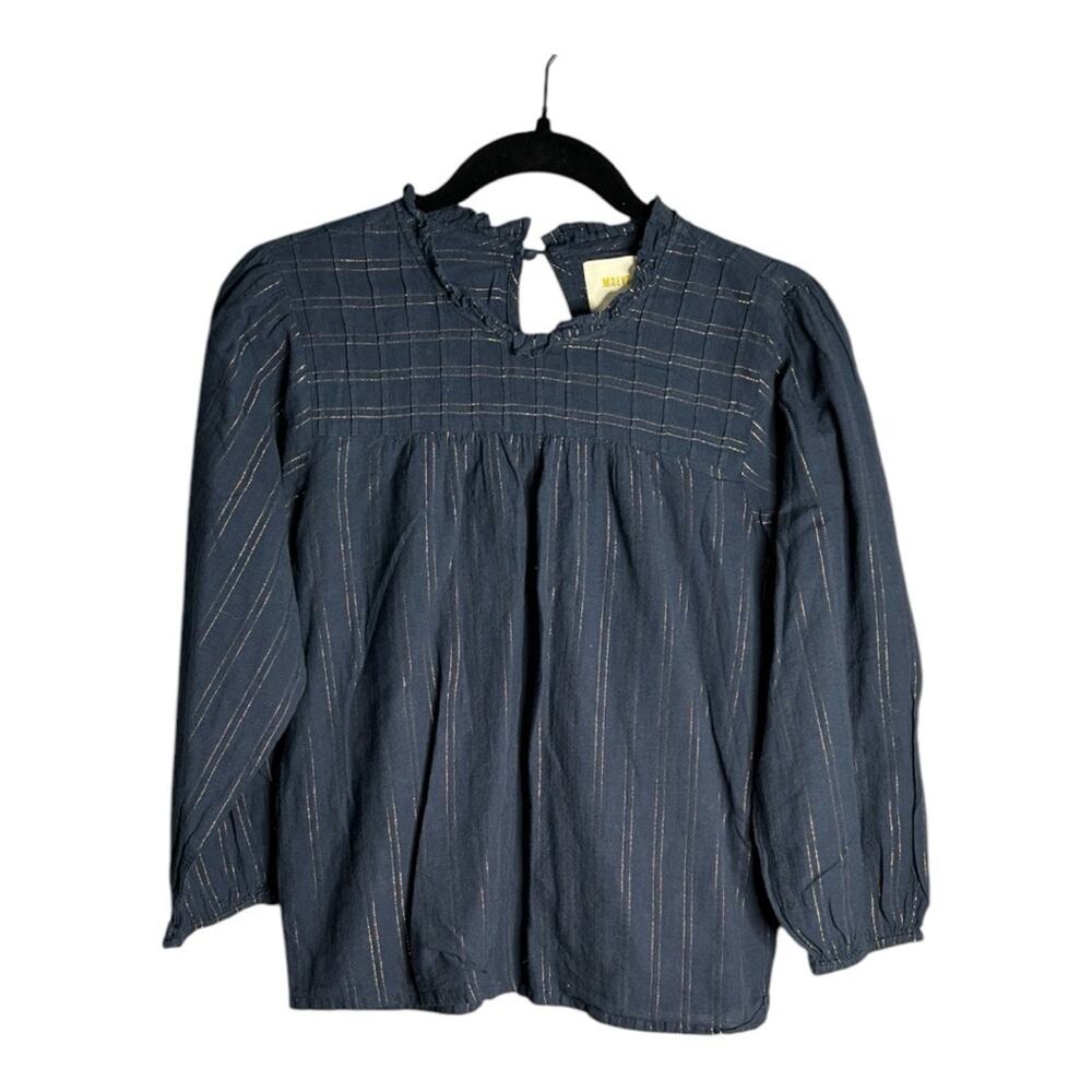 Maeve Navy Blue Blouse With Copper Metallic Stripes XS